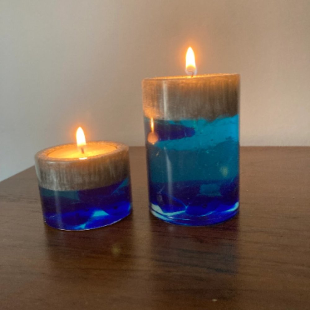 NWOT Handmade Blue tea-lite candle holders.
